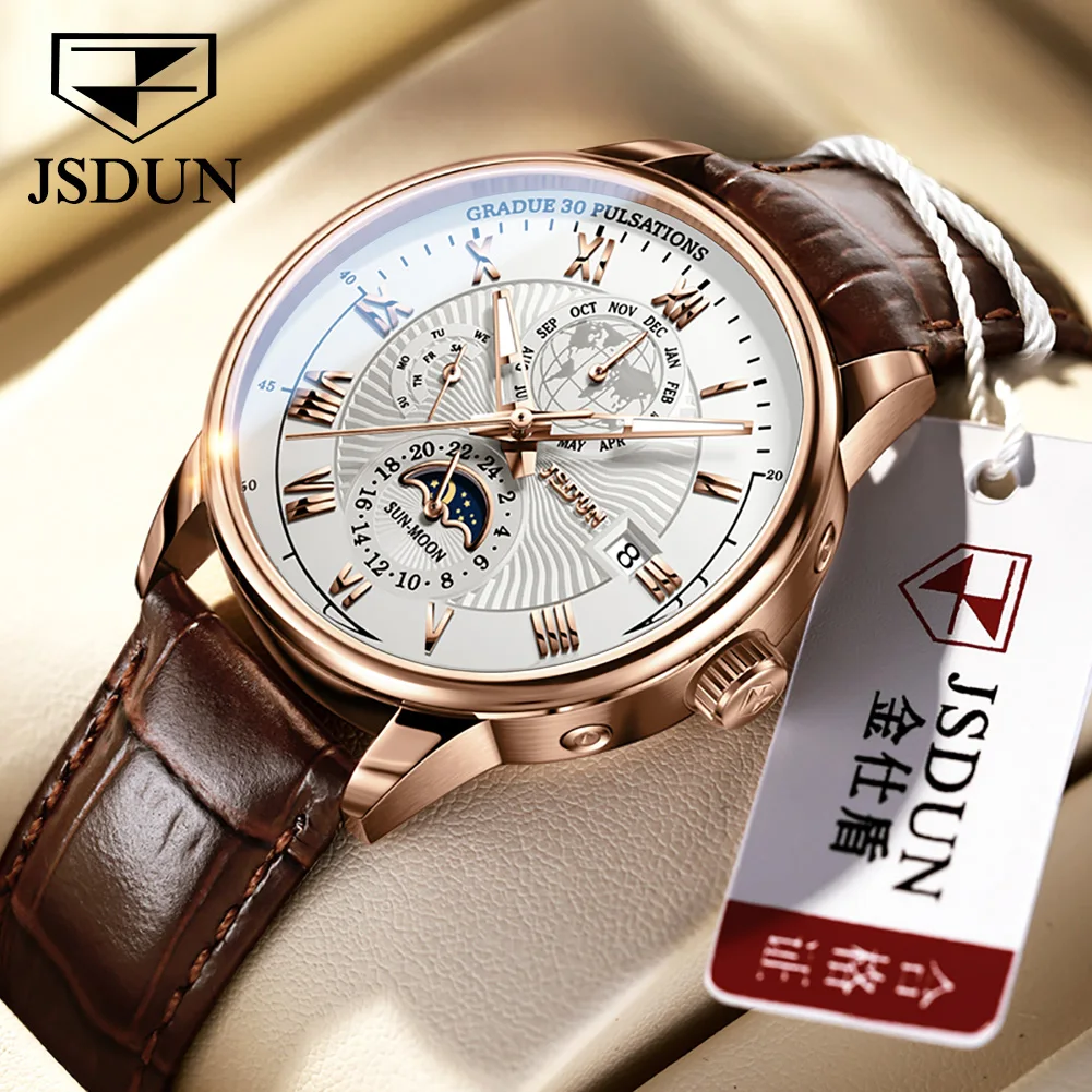 

JSDUN 8909 механические часы ведущей марки для мужчин, дисплей на 24 часа, Ранняя фаза Луны, водонепроницаемые классические мужские часы
