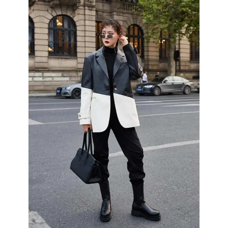 Korean Hit Color PU Leather Jacket for Women Notched Long Sleeve Patchwork Casual Blazers Female Fashion New Fall