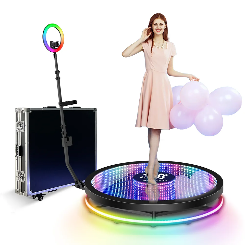 

Rotating Glass 360 Camera Photo Booth Spin Auto 360 Video Booth 100cm for 4 People Infinity Led 360 Photobooth with Flight Case