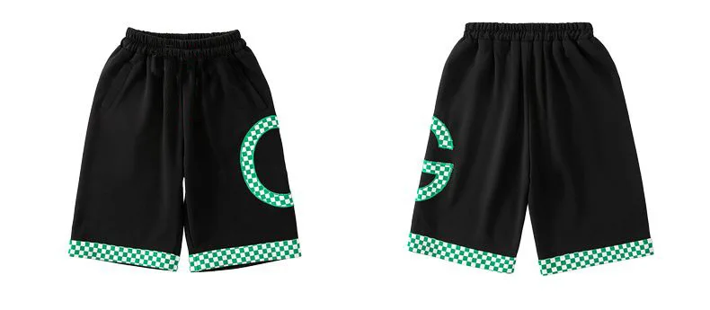 Boys cotton cartoon alphabet T-shirt with plaid shorts 2-piece outfit short black