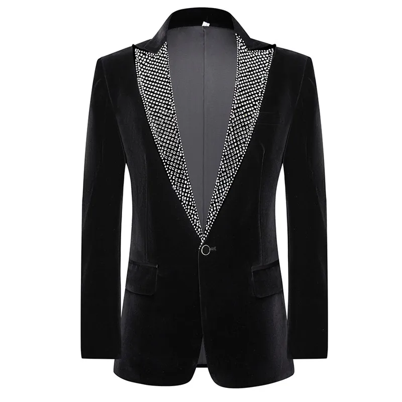Men's Black Velvet Suit Wedding Banquet Evening Party Host Tuxedo Suits Rhinestones Lapel Collar Blazer Pants 2 Piece Set