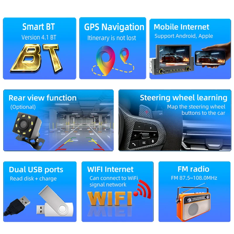 1 Din Car Radio Android CarPlay Android-Auto Bluetooth Handsfree Wifi GPS USB Mirror Link 6.2" Multimedia Player Head Unit B170C