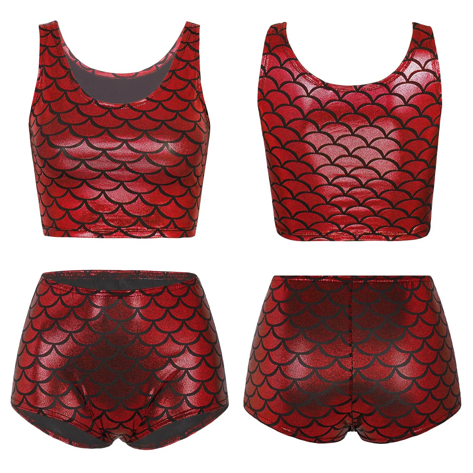Damen Metallic Meerjungfrauen-Fischschuppen-Bikini Badeanzug Ärmelloses Crop-Top Shorts Zweiteiliger Badeanzug Strand Pool Schwimmanzug – Detail 17