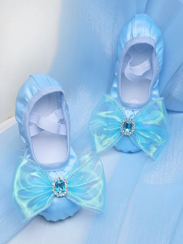 New Ballet Flats Children's Dance Shoes Soft-Soled for Girl Satin Cat Caws Free Lace-up Rabbit Stage Performance Dance Shoes 4