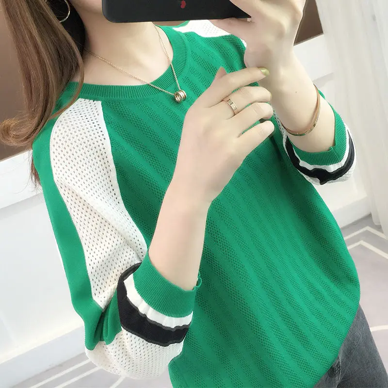 

Stylish O-Neck Spliced Knitted Hollow Out Sweater Female Clothing 2022 Autumn New Oversized Casual Pullovers Loose Commute Tops