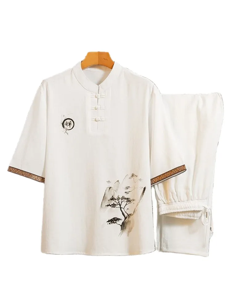 Summer New Casual Short Sleeve Shirt Men Chinese Style Cotton Linen Shirts +pants Set Male Tshirt Track Suits Clothing