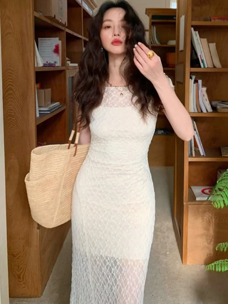 우아한 메쉬 투피스 원피스 세트 여성용 슬림 미디 드레스, 레트로 레이스 Y2K 바디콘, 생일 파티, 원피스 무도회 드레스