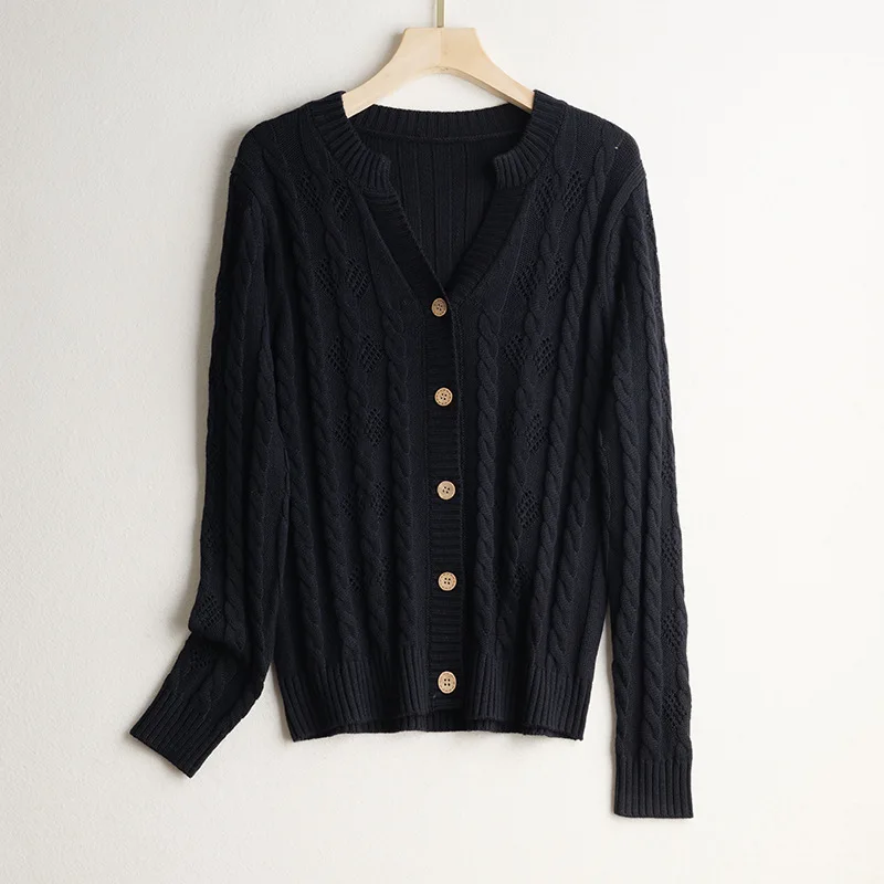 Women's Fashion New 65% Natural Mulberry Silk Cashmere Cotton Blended Casual Versatile Long Sleeve V-neck Solid Color Cardigan 3