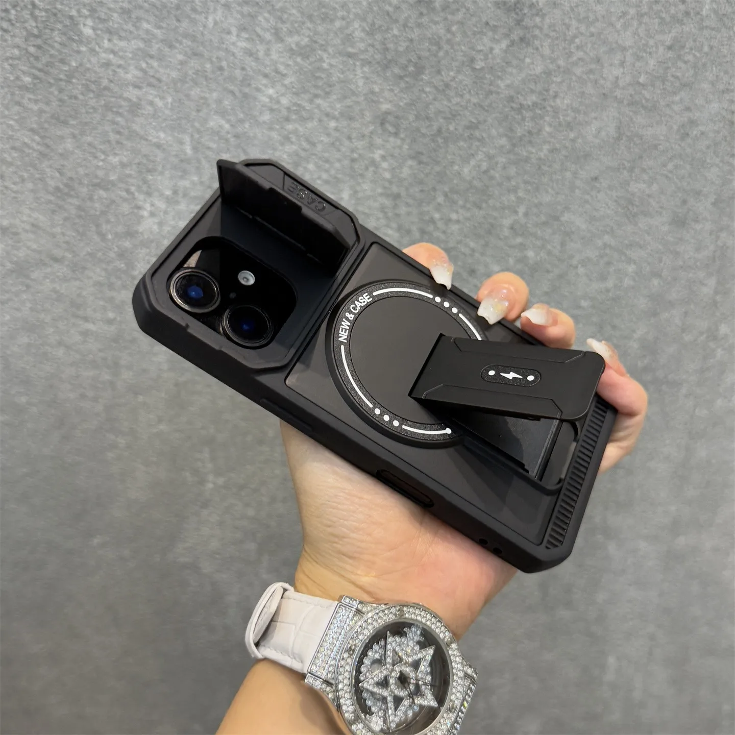 Magnetic Folding Bracket Armor Phone Case with Flip Lens Protective Stand Cover
