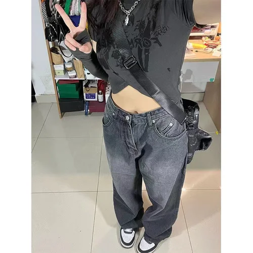 여성용 빈티지 스트리트웨어 블랙 헐렁한 한국 청바지, 하이 웨이스트 오버사이즈 와이드 레그 팬츠, 그런지 데님 바지, Y2K Alt 의류 4