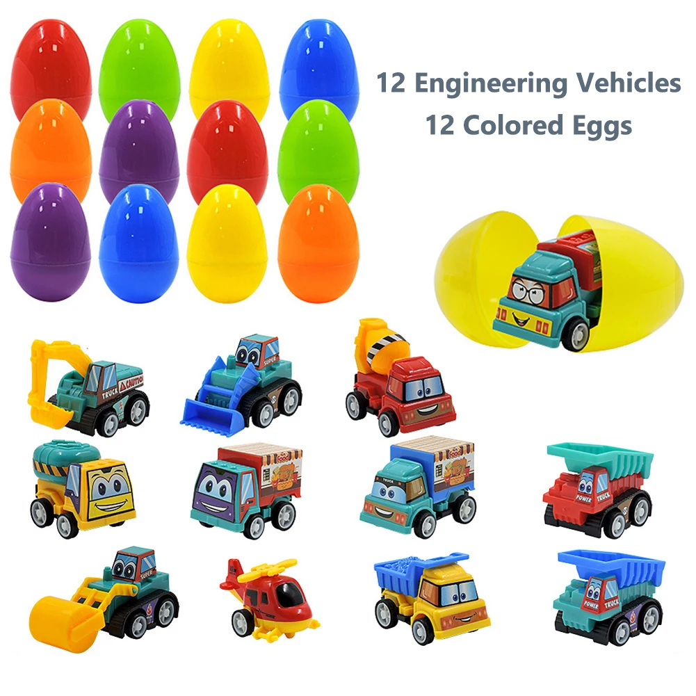 12Pcs Prefilled Easter Eggs Easter Egg Fillers with Engineering Vehicles Inside Easter Basket Stuffers for 3 4 5 6 7 8 Year