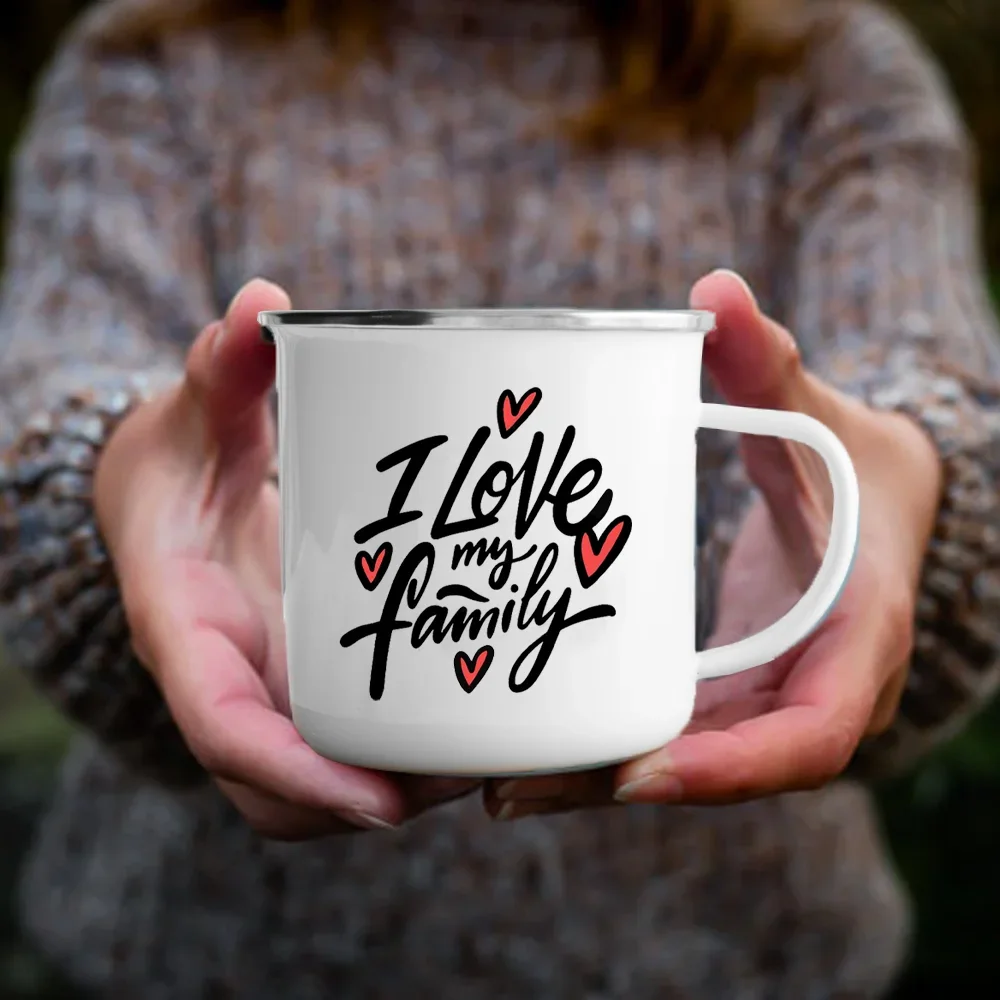 

I Love My Family Enamel Coffee Mugs Drinks Water Cup Bonfire Party Drink Beer Wine Juice Mug Dessert Cocoa Milk Handle Cup