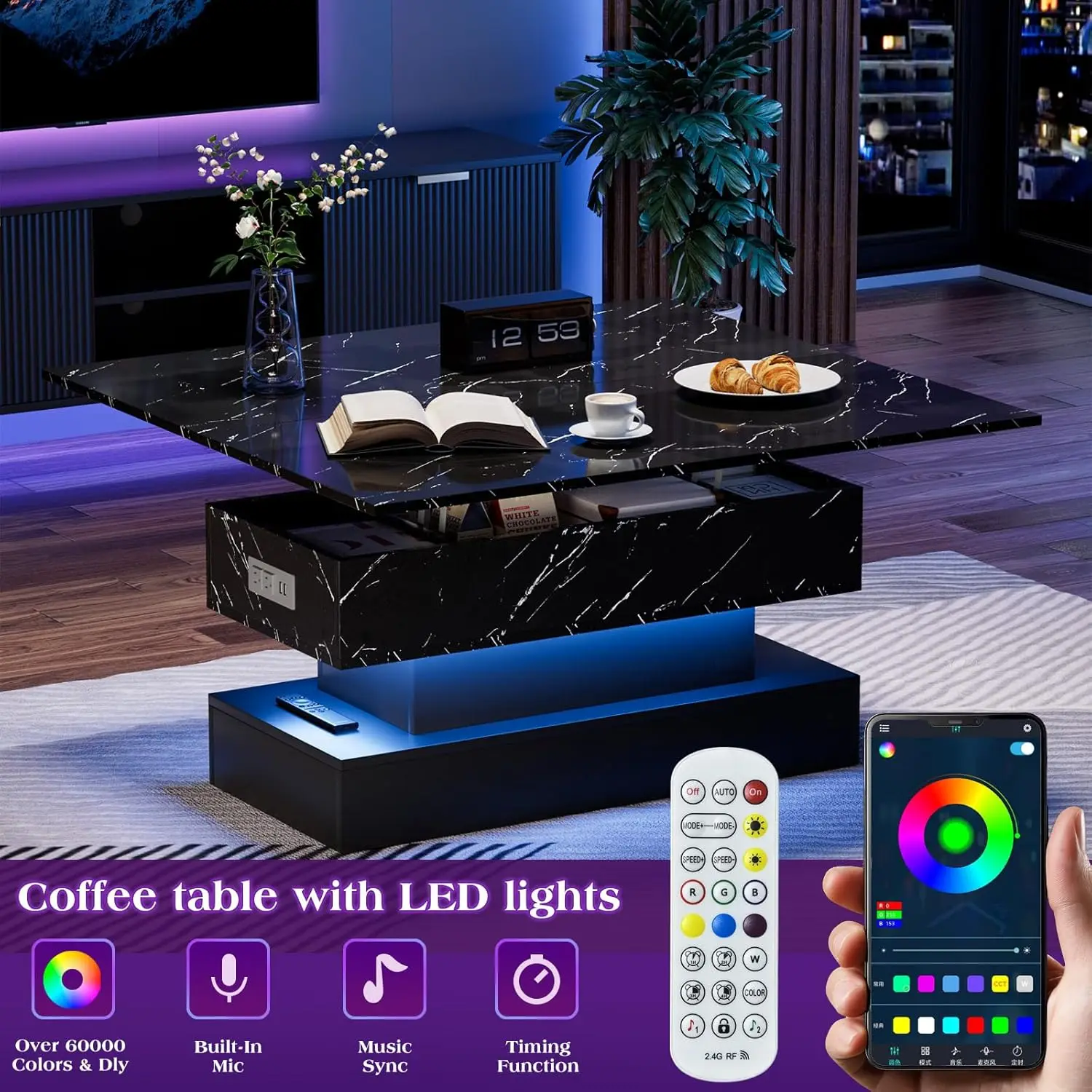 Modern High Glossy Center Table with LED Light, 3 in 1 Multifunctional Coffee Table with Storage & Hidden Compartments