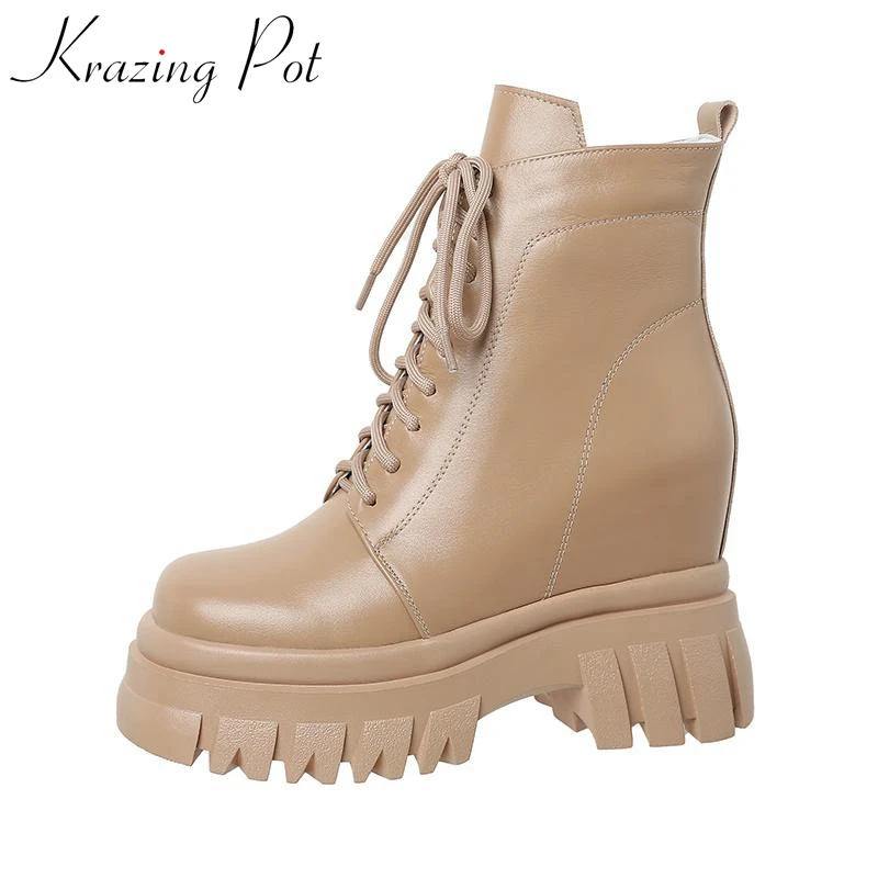 

Krazing Pot Full Grain Leather New Round Toe Super Thick High Heels Motorcycle Boots Personality Street Wear Lace-up Ankle Boots