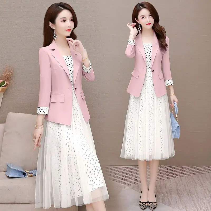 

2023 Women's Spring Autumn New Suit Jacket Dress Suit Female Casual Blazers Coat + Flower Midi Dresses Ladies 2 Piece Sets G356