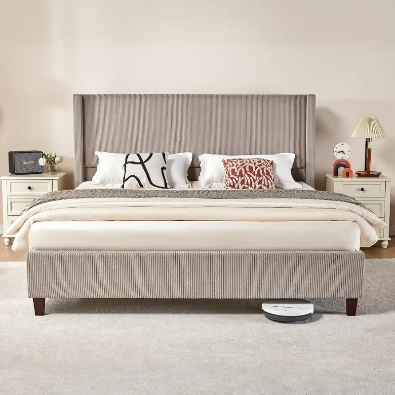 Queen Size Platform Bed Frame, 50.8" Corduroy Upholstered Bed with Vertical Channel Tufted Headboard/Wooden Slats