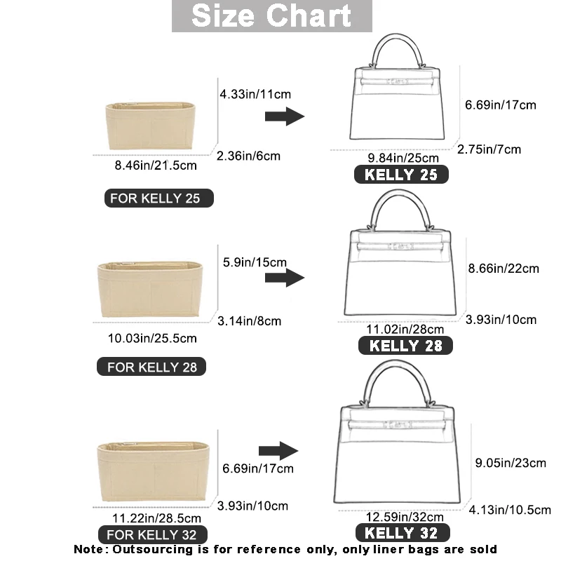 EverToner Felt Bag Liner for Kelly 25 28 32 Felt Cloth Cosmetic Bag Support Type Shockproof Female Makeup