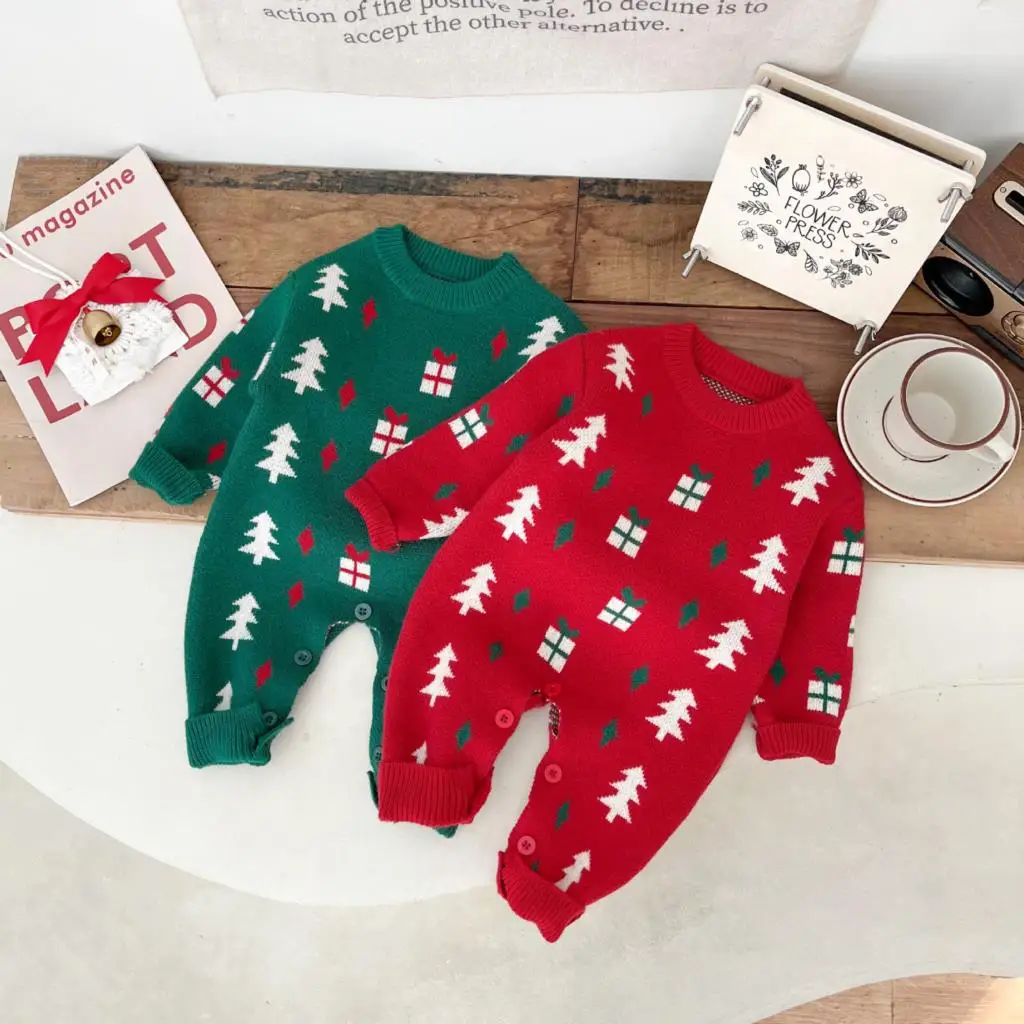 

Baby Christmas Thickened Sweater Rompers Winter Cotton Knitted Newborns Girls Jumpsuit Jacquard Warm Infant Girls Onesies