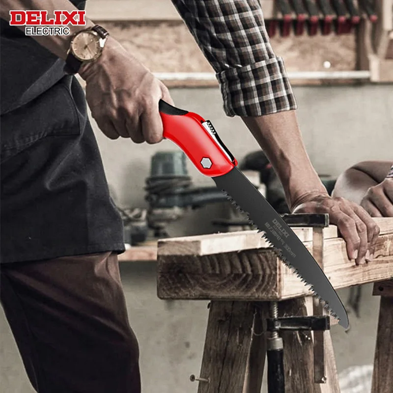 Folding Saw DELIXI ELECTRIC Folding Saw SK5 steel One-button Folding Design Sharp Cutting Wood Camping DIY Garden Saw Tree Chopper Knife