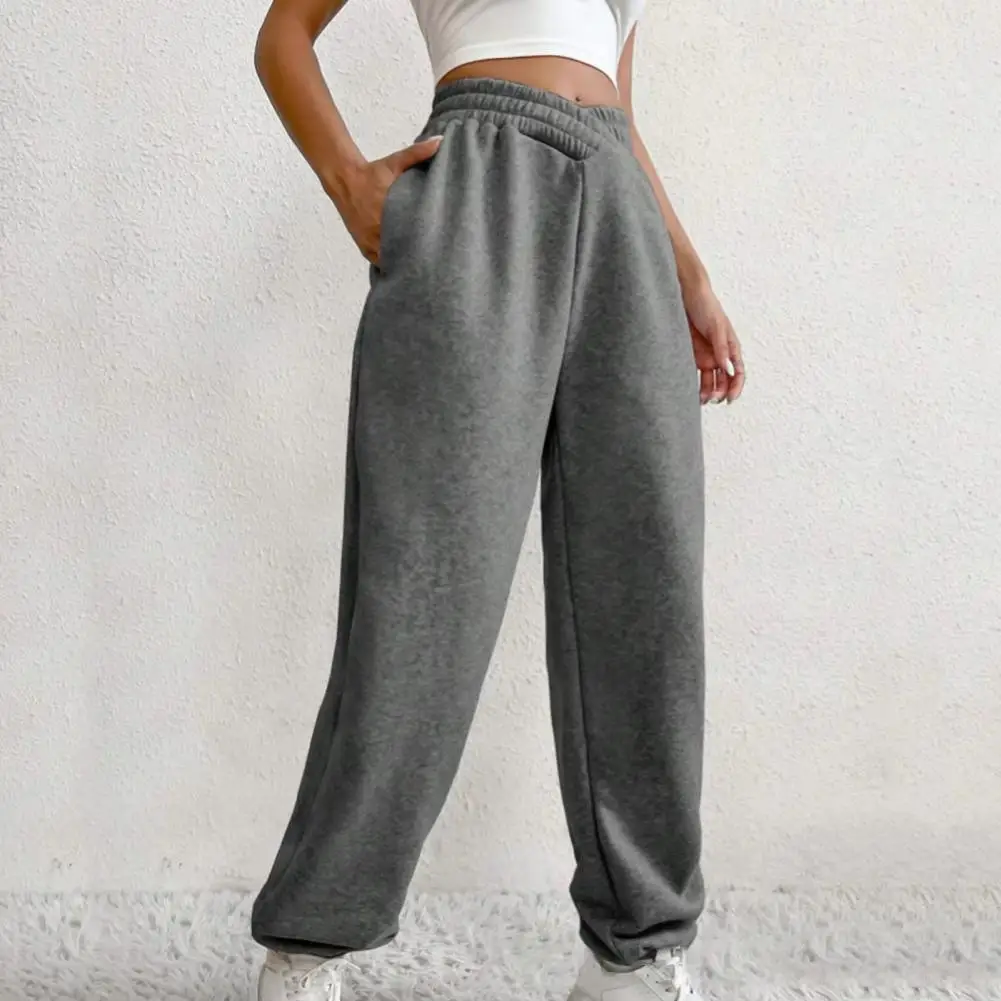 

Solid Color Women Pants Cozy Stylish Women's Winter Pants High Elastic Waist Warm Pockets Ankle-banded Sports Jogging Trousers