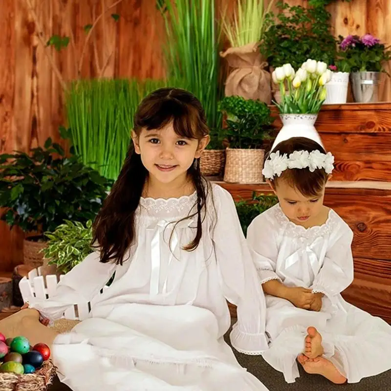 Kinderprinzessin -Nachtwäsche verfügen über Langarm -Square -Kragen Akzent bequemer Baumwoll -Nachthemd für Mom Girls – Detail 9