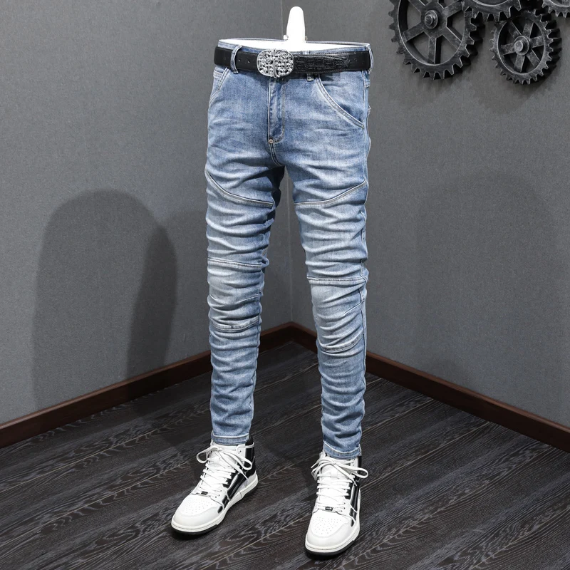 High Street Fashion Men Jeans Retro Light Blue Spliced Designer Biker Jeans Homme Elastic Stretch Slim Fit Hip Hop Pants Men