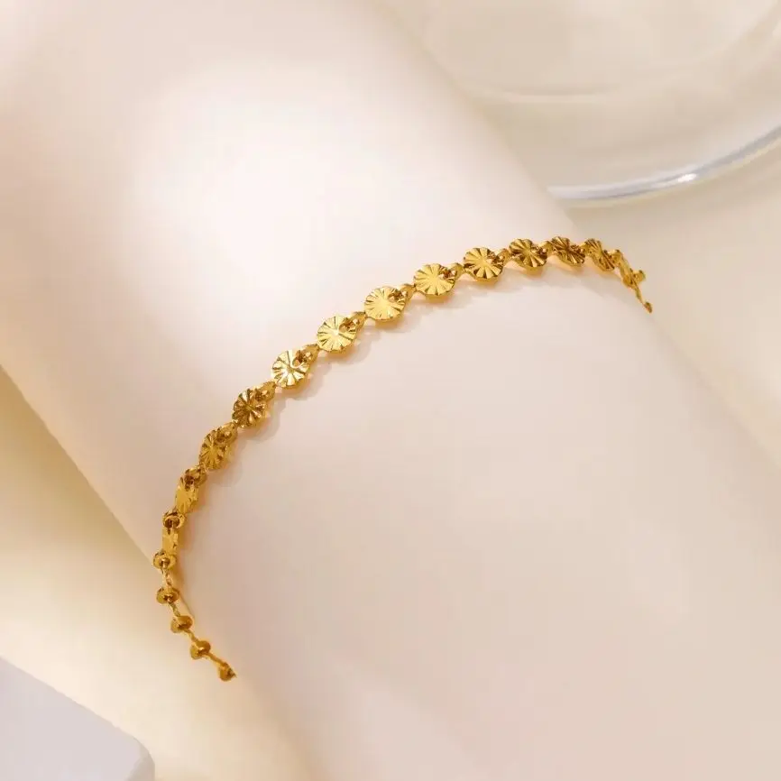 Stainless Steel Bracelets Gold Color Geometric Textured Round Link For Women