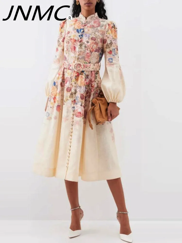 

JNMC Women's Spring And Autumn New Stand Collar Single Breasted Printed Dress Women's Pocket Temperament Skirt With Belt