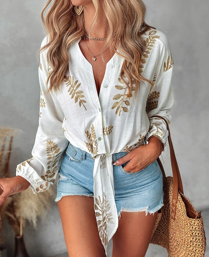 Women's Vacation Blouses 2024 Spring Summer Last Leaf Embroidery Stand Collar Top Stand Collar Long Sleeve Tied Detail T-Shirt