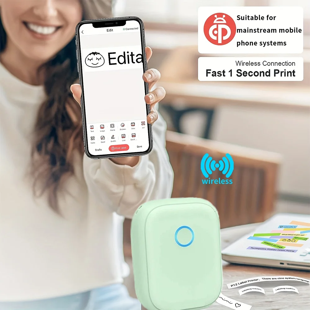 Marklife 열전사 라벨 프린터 P12 미니 블루투스 접착 라벨 프린터 (주방, 사무실, 선물/DIY, 창의적인 작업/마킹 기계용)