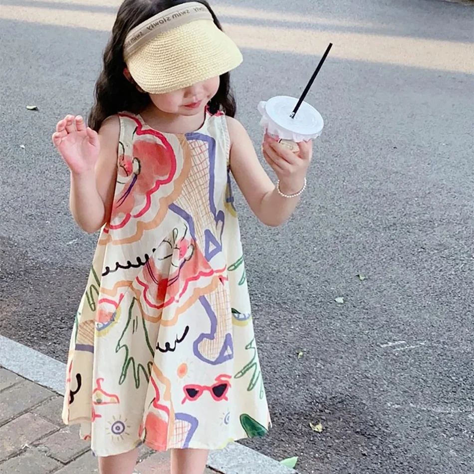 

Children T Shirt Dress Baby Mini Casual Costume Kids Summer Fashion Skirt Girls Pull On Korean Dress Cartoon Doodles Clothes