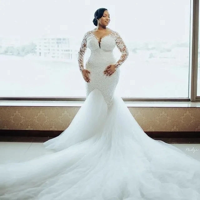 Plus Size African Wedding Dresses Mermaid Long Sleeves Tulle