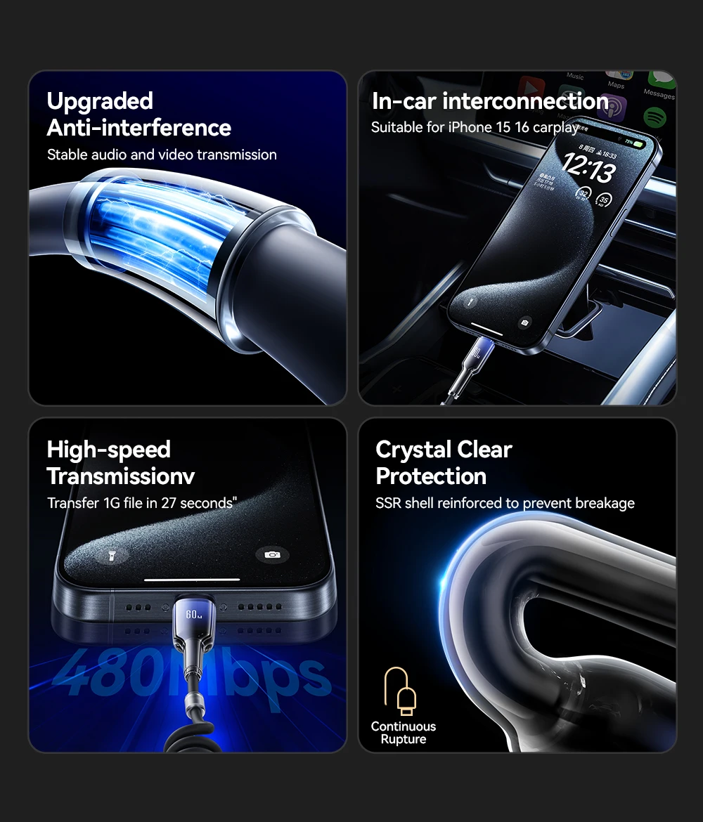 Joyroom 60W USB Type C Fast Charging Cable Spring Telescopic Car Charger Cable For iPhone 16 15 Pro Max /Xiaomi /Huawei Android