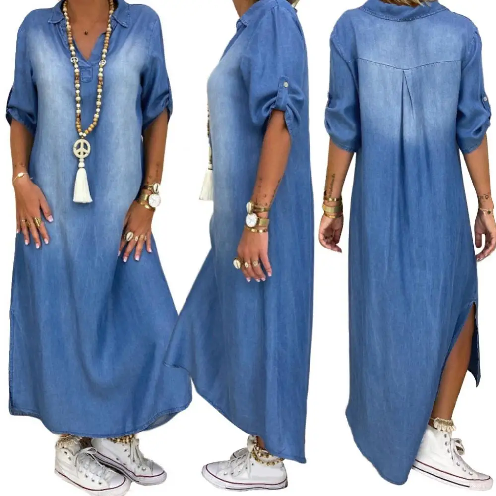 

Women Plus size dress Vintage Summer V Neck Half Sleeve Side Slitting Hem Loose Long Denim Dress Hem Loose Long Denim Dress