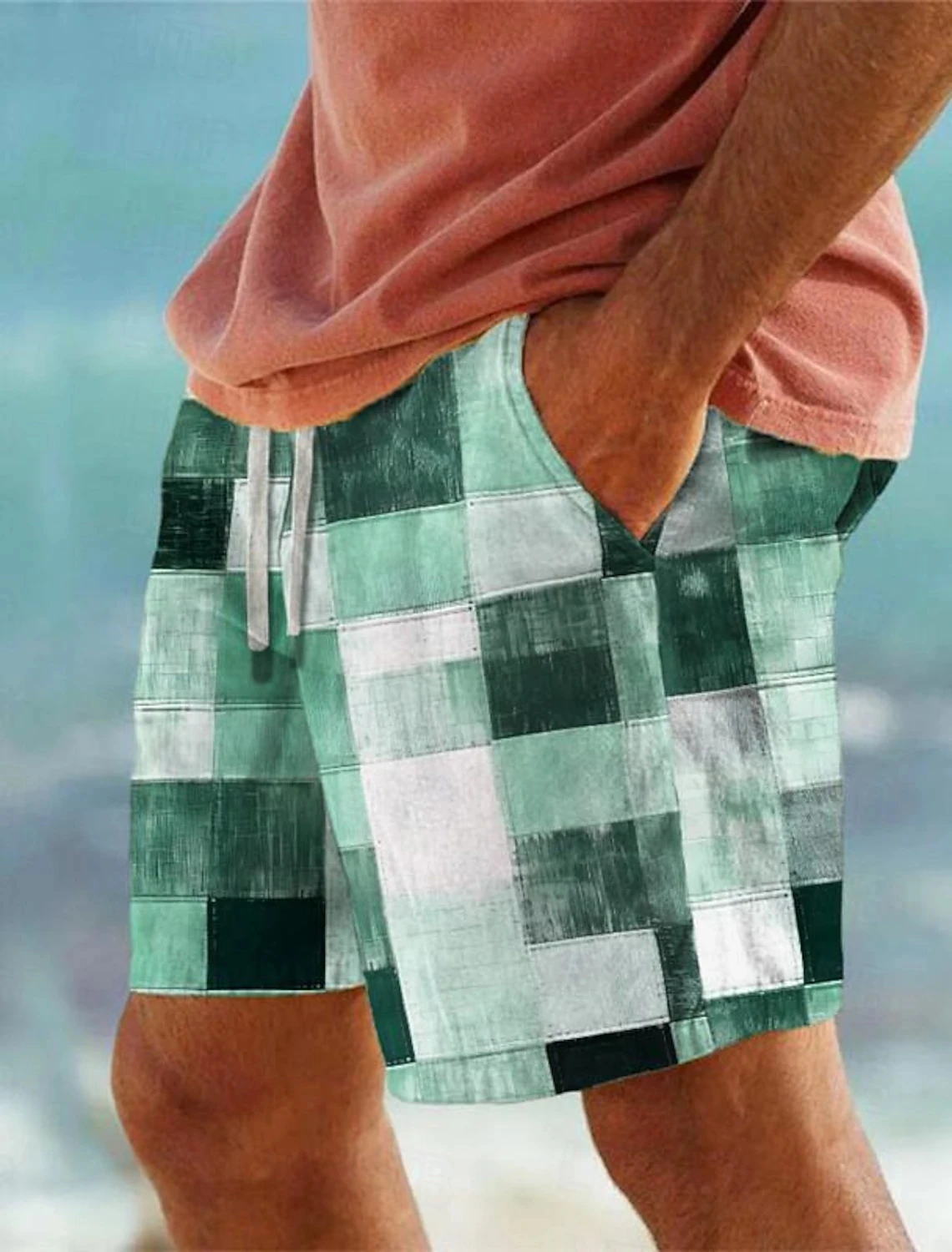 Men's Patchwork Plaid 3D Printed Beach Pants Summer Breathable Shorts Fitness Street Ropa Hombre 3