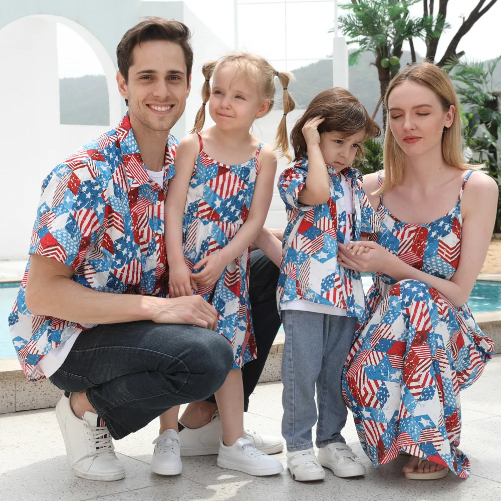 

Summer New Family Matching Look Mom And Me Dress Mother Daughter Son Dad Flag Print Round Neck Dresses And Short-sleeve Shirts