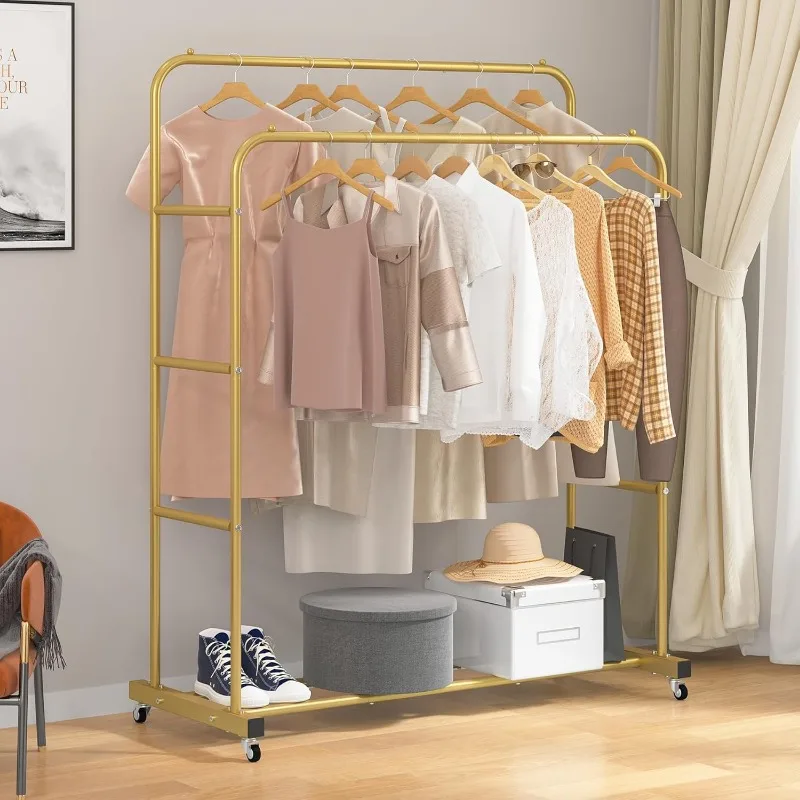 Double Rods Clothing Rack with Wheels, Garment Rack for Hanging Clothes, Multi-functional Bedroom Clothes Rack, Gold 4