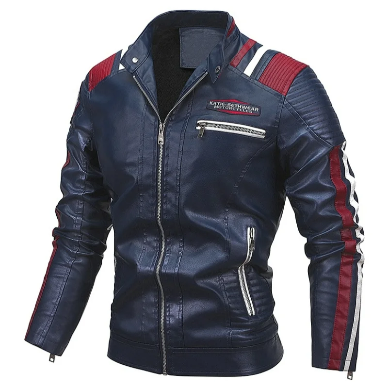 

Новинка, осенне-зимняя мужская куртка из искусственной кожи, цветная облегающая куртка с воротником-стойкой и мехом в стиле пэчворк, теплая флисовая верхняя одежда