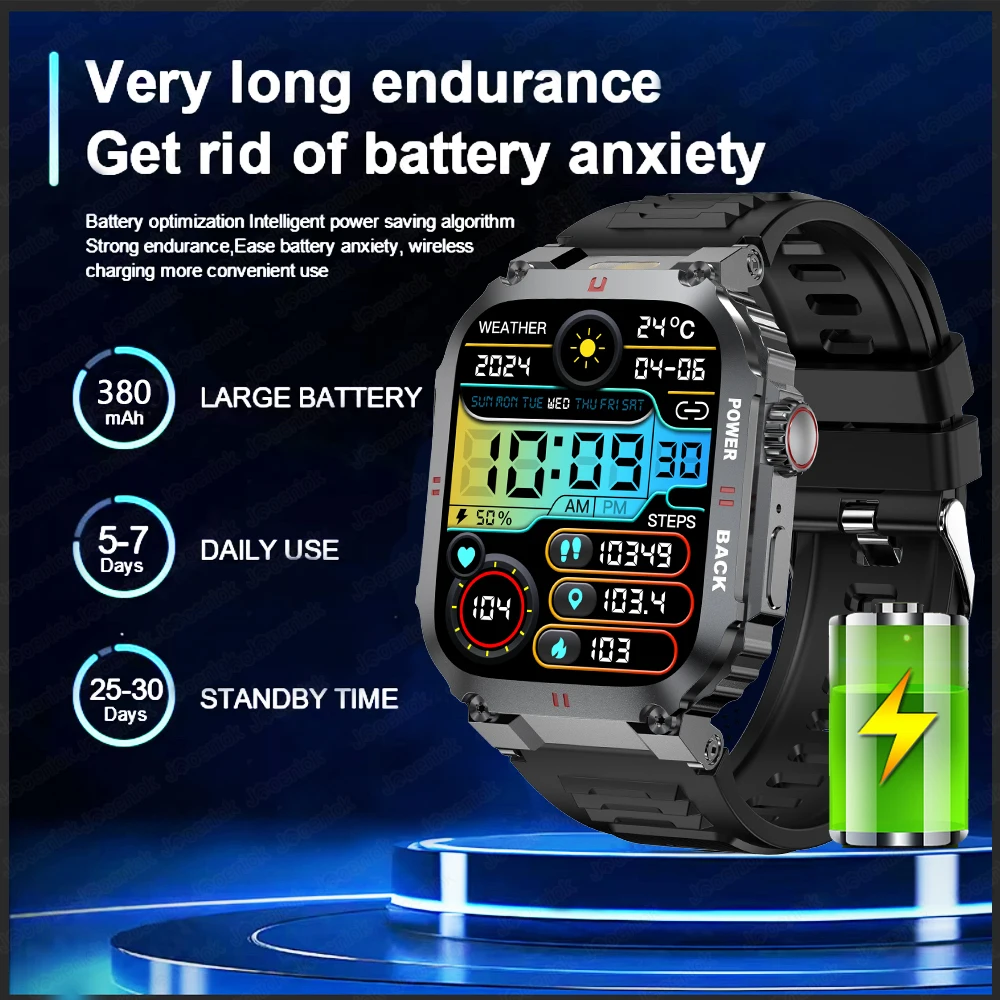 GPS Outdoor Sports Military Smart Watch Men LED Lights Health Monitoring AI Voice Assistant Waterproof Bluetooth Call Smartwatch