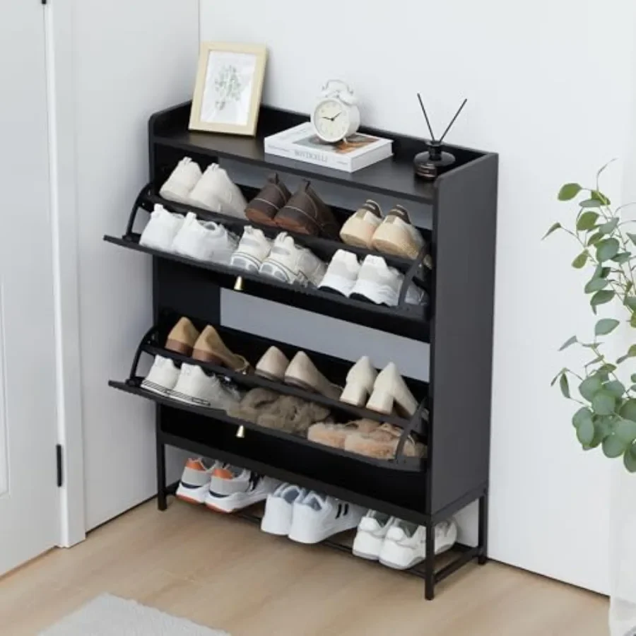 Fluted Shoe Cabinet for Entryway with 2 Flip Drawers Narrow Free Standing Shoe Storage Organizer Slim Wood Shoe Rack Cabinet wi