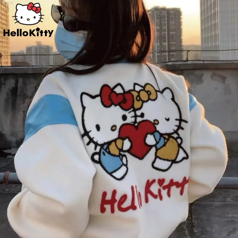 

Sanrio Hello Kitty Velvet Fabric Baseball Bomber Jacket Korean Autumn Winter Clothes Jacket Outerwears Trench 2000s Cute Hoodie