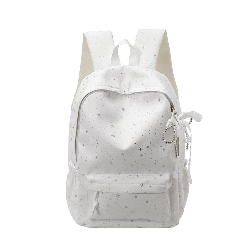 Women Star Canvas Backpack Multi-Pockets Bookbag Large-capacity Daypack with Bowknot Pendant for Middle And High School Students 2