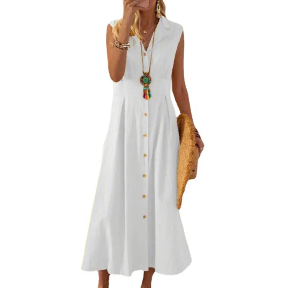 

Summer Women Dress Lapel V-neck High-waist Single Breasted Female Clothing
