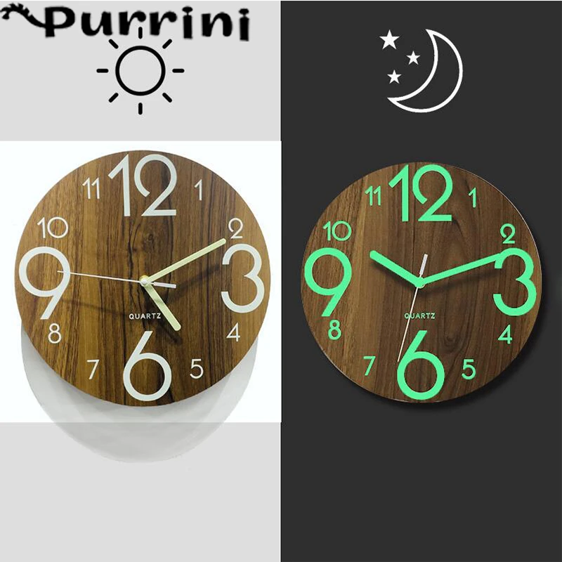 12 Inch Luminous Wood Grain Wall Clock Board Silent Clock Luminous