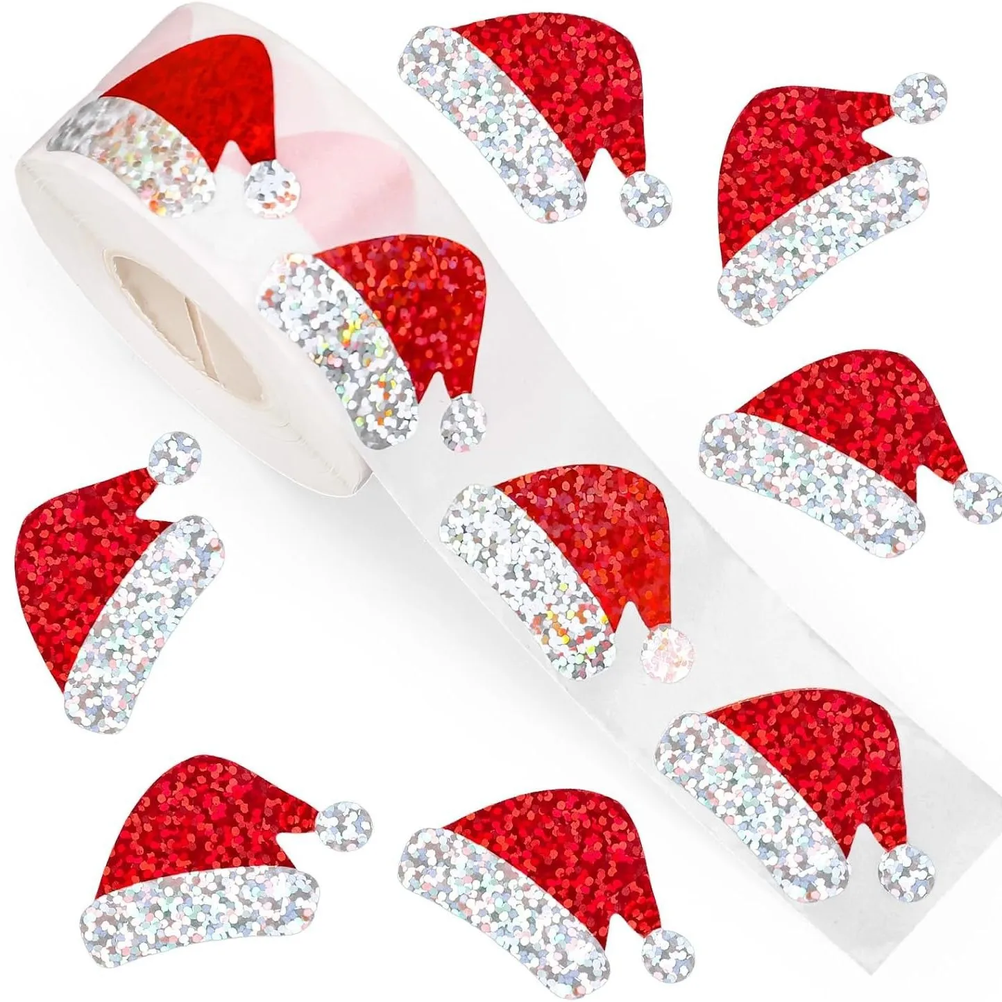 500 pièces autocollants de chapeau de noël rouleau Laser rouge Santa chapeau joint autocollants autocollants de noël pour enveloppe Journal décor fournitures de fête, 3 cm