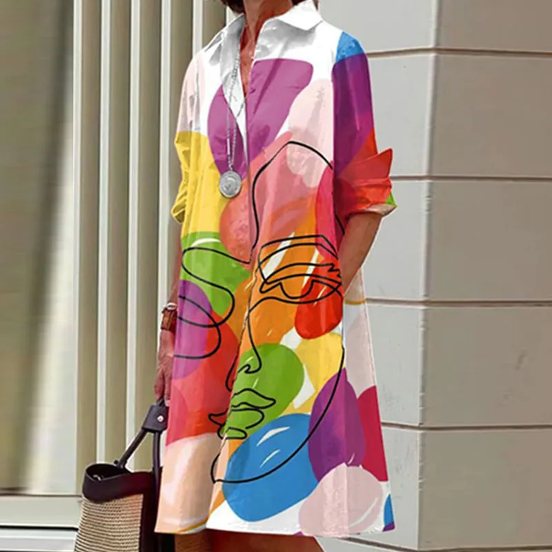 Face Art Graffiti Print Crewneck Long Sleeve Pocket Dress main image 0