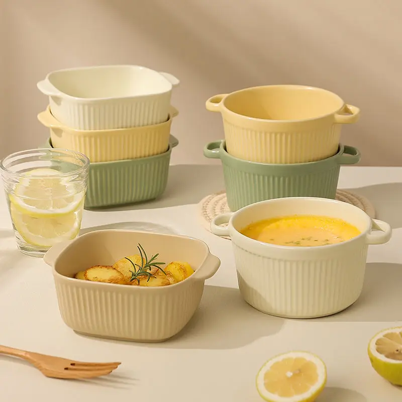 

Home Kitchen Baking Bowl Two Ear Anti-Scalding Baking Pan Oven Air Fryer Ceramic High Temperature Resistant Small Bowl