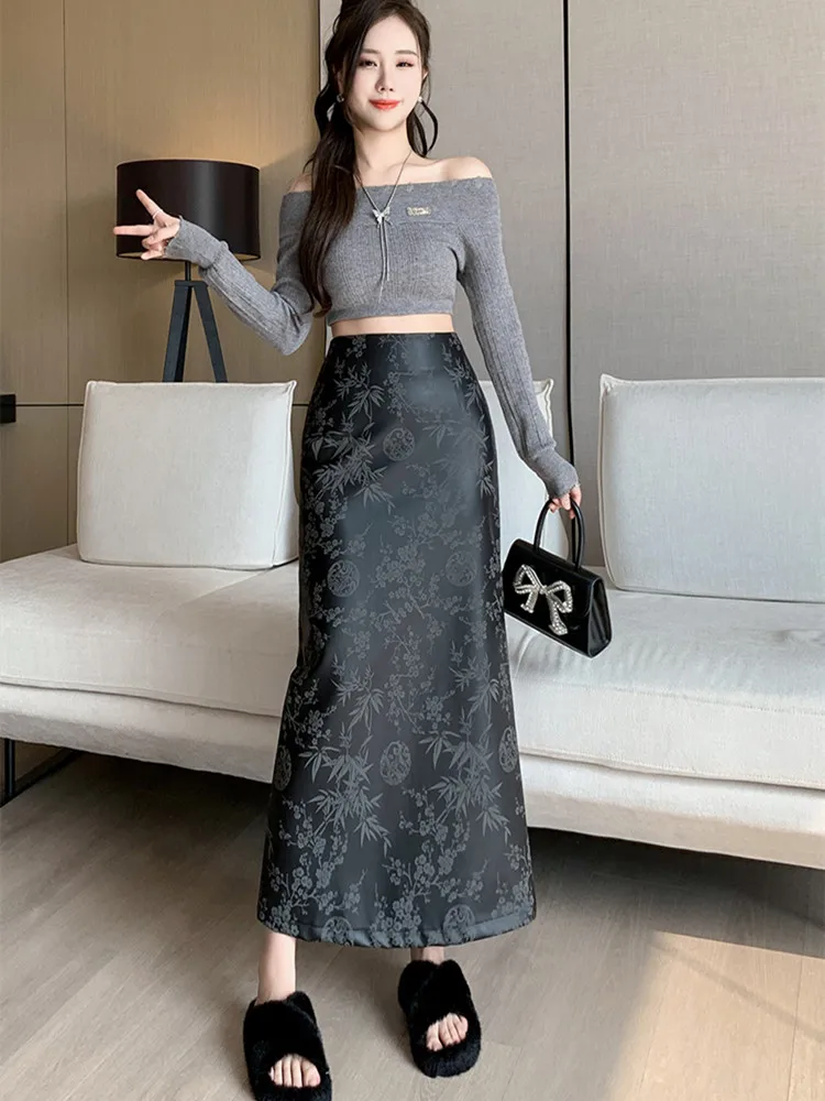 

PU Leather Y2K Skirt Women High Waist Sexy jacquar Split Office Maxi Skirt Autumn Vintage Grunge Bodycon Long Skirt