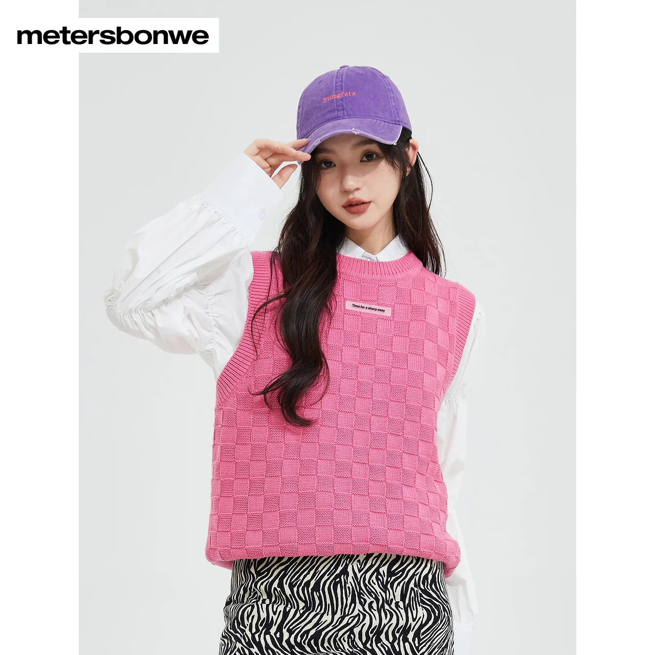 Metersbonwe Sweater Vest Women Autumn  Knit Vest Pink Ladies Vest Pullover Brand High Quality Top Girl gold flower spring buckle telescopic adjustable length ladies belts women girl for dress shirt clothing elastic metal waistband