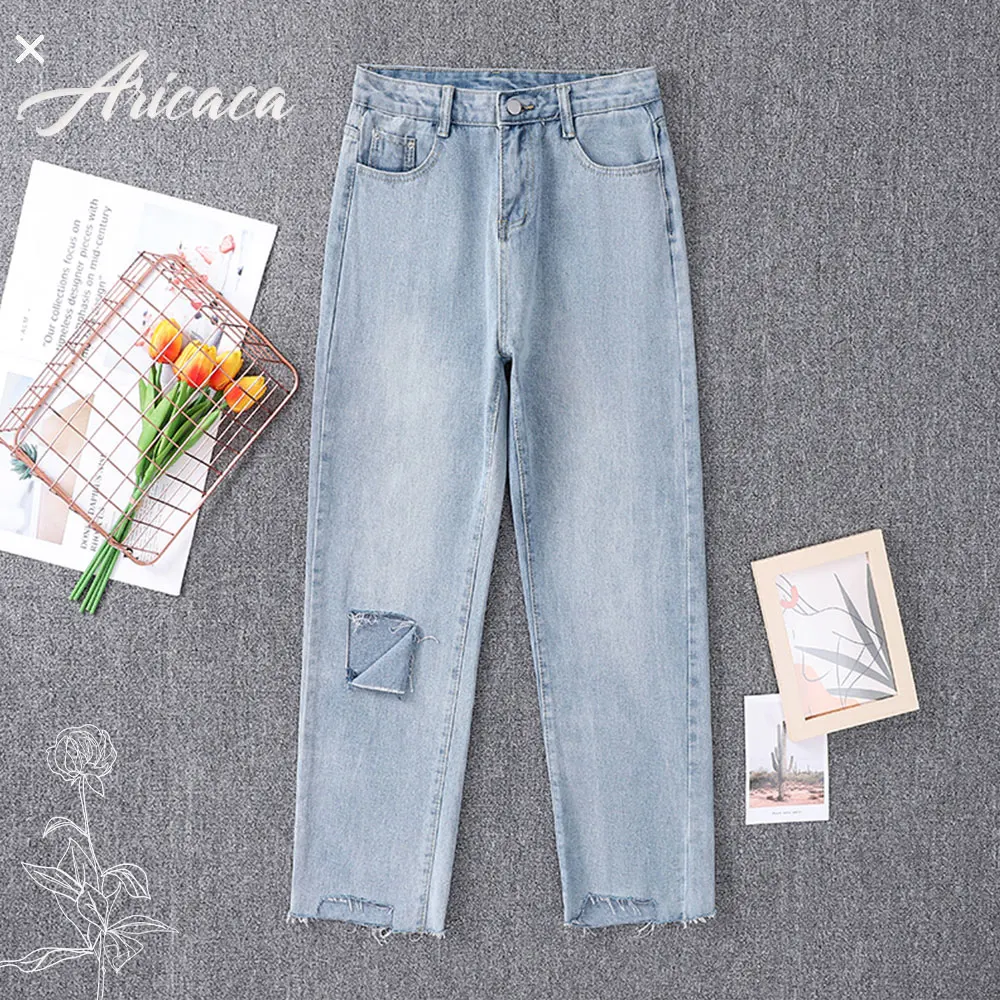 

Aricaca Women Casual Ripped Straight Denim Pants Washed Jeans High Waist M-5XL Loose Jeans